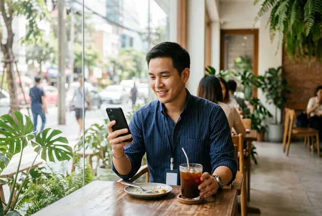 ภาพประกอบ พักเที่ยงในร้านกาแฟ ผู้ชายดูมือถืออย่างสบายใจ